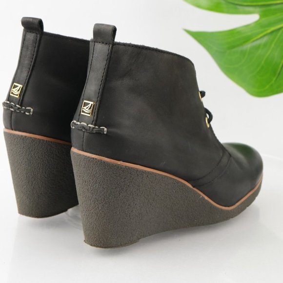 Sperry Women's Harlow Boot Size 10 Wedge Heel Lace Up Black Leather Boho Bootie - Picture 5 of 12